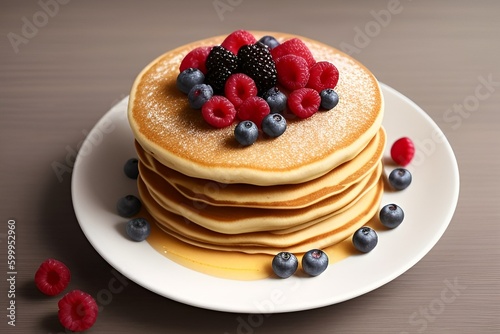 Wallpaper Mural Generative Ai. Brown pancakes with various berries on a white plate in brown maple syrup Torontodigital.ca