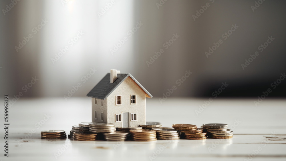 House model and money coins saving for concept saving money for buying a house with Generative AI. House model and money coins saving for concept saving money for buying a house with Generative AI.
