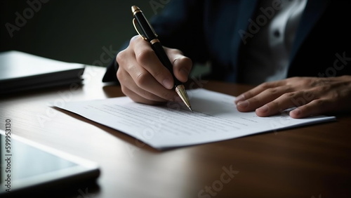 Human hands working with documents at desk and signing contract with Generative AI.