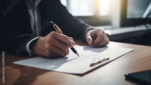 Human hands working with documents at desk and signing contract with Generative AI.