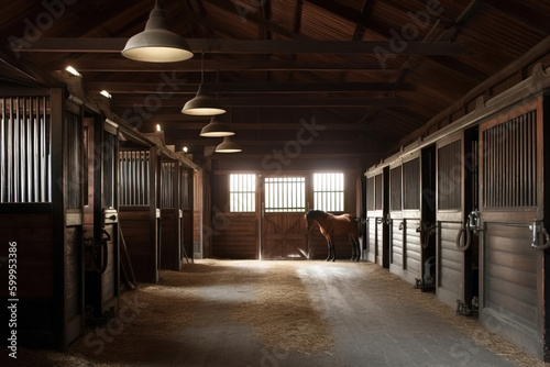 A stable with well-groomed horses. Generative AI. photo