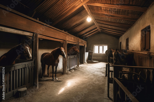 A stable with well-groomed horses. Generative AI. photo