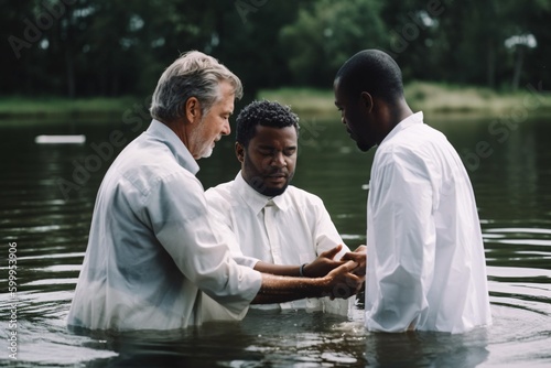 Two pastors baptize a man in the name of Christ. Baptism religion concept. Generative Ai..