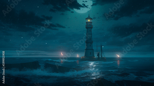 Colorful seascape at night, lighthouse at sea 