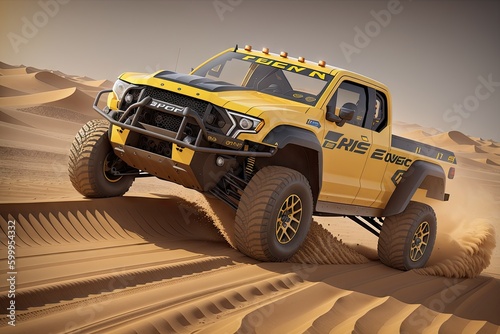 Offroad vehicle in sand dunes in the desert. Yellow rally car with truck wheels, generative ai photo