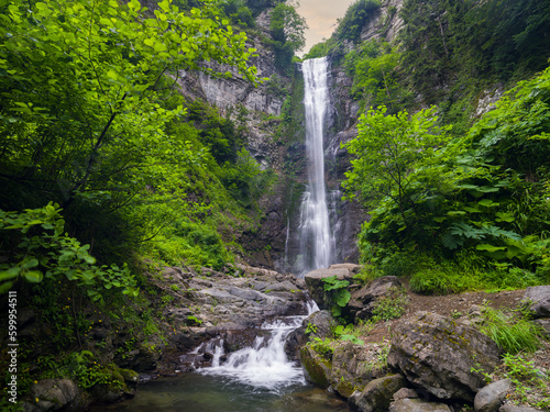 Beautiful waterfall cascade on forest. Maral waterfall in summer season. Eastern black sea forests Karcal mountains. Maralkoy, Borcka district, Artvin city, Turkey