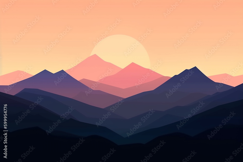 Serene Sunrise View of Majestic Mountain Range, Flat Vector illustration - Generative ai