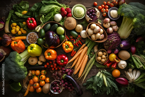 Vegetables on a wooden background, Generative AI