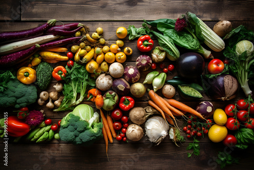 Vegetables on wooden table, Generative AI