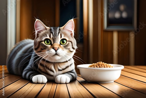 cat sitting with food in a bowl, generative ai