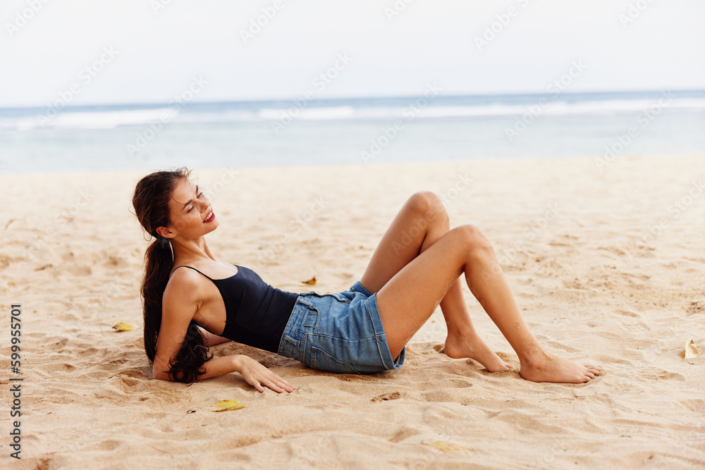 woman beauty freedom sitting sand travel sea vacation smile beach nature