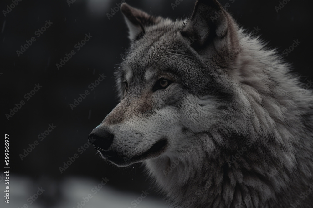 Close up view of wolf's face. Generative AI