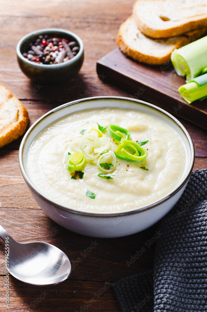 Leek Soup, Comfort Meal, Potato and Leek Creamy Soup, Vegetarian Food on Wooden Background