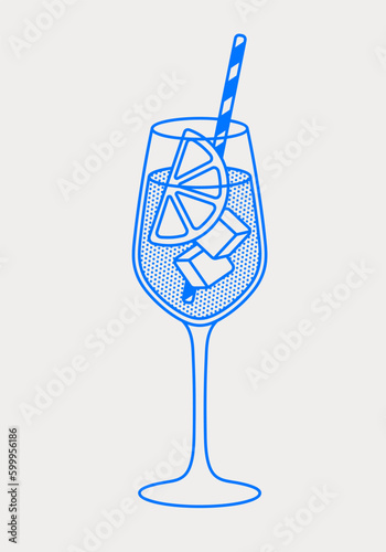 Sangria cocktail with an orange slice, ice cubes, and straw. Line art, retro. Vector illustration for bars, cafes, and restaurants.