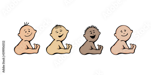 Set of smiling cute kids sitting sideways from different nations