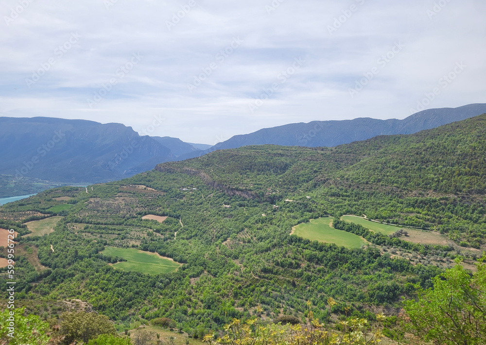 Mountain landscape with green vegetation in spring. Views from the Castle of Mur in Lleida, Spain. 