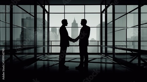 silhouettes two businessmen handshake in cooperation agreement concept at the office and successful business partner. businessman shaking hands to seal a deal with his partner. Generative Ai.