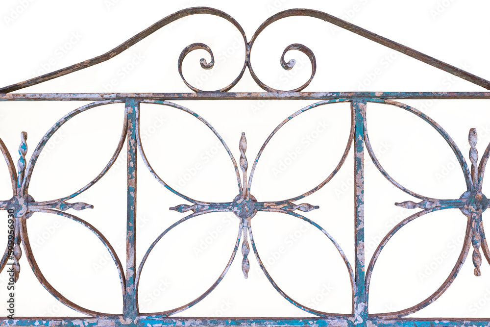 Rusty old colonial iron railing with peeling blue paint used as ...