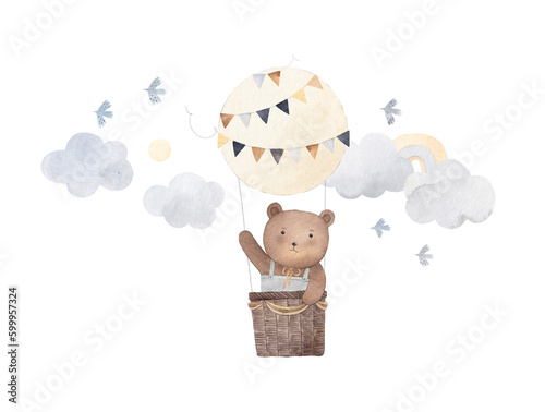 Funny bear flies on balloons among clouds. Watercolor hand drawn illustration. Can be used for kid poster or card. With white isolated background.