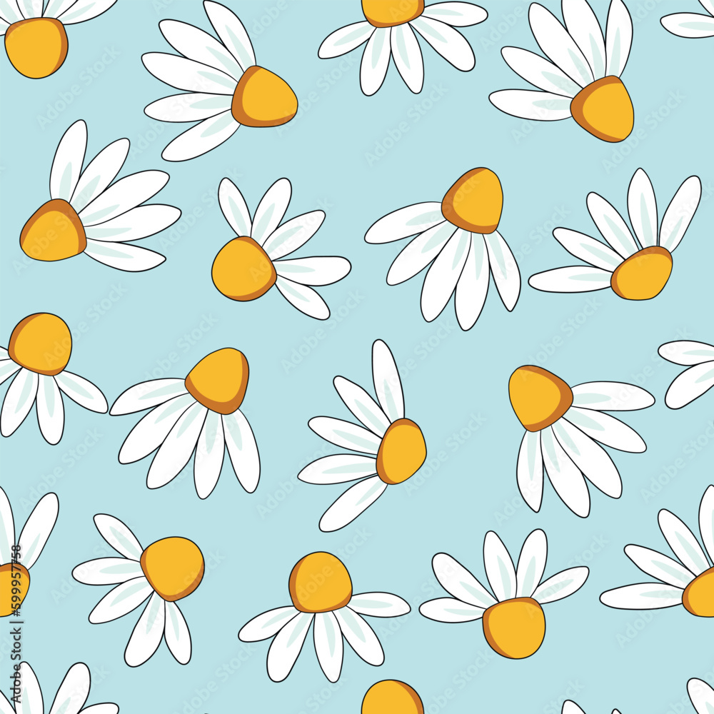 Seamless floral pattern based on traditional folk art ornaments. Colorful chamomile, daisy flowers on color background. Scandinavian style. Vector illustration. Simple minimalistic pattern