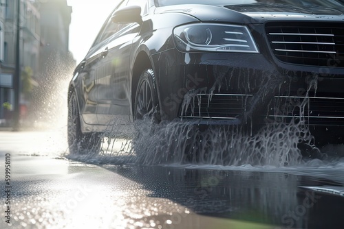 rainwater spraying from car wheels. city road during heavy rain. Generative Ai. © Kowit