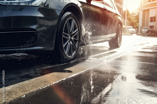 rainwater spraying from car wheels. city road during heavy rain. Generative Ai.