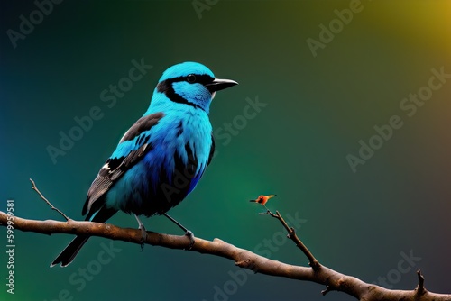 The blue or turquoise small passerine bird sitting on a branch in the rainforest with a dark background, generative ai © Aleksandr