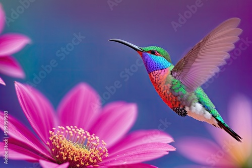 Hummingbird flying near the flower, blurry background, generative ai
