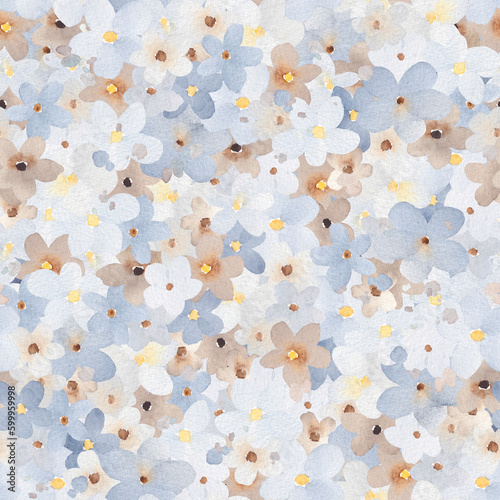 Watercolor floral pattern with blue, white and beige flowers. Perfect for fabric, textile, apparel. Cute seamless pattern. Great for nursery fabric, textile.
