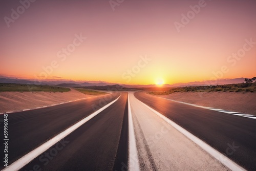 a road with a sunset in the background, generative ai © Aleksandr