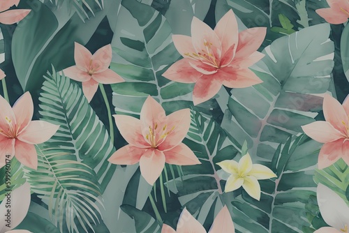 a watercolor painting of pink flowers and green leaves, generative ai