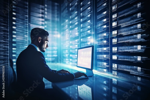 Businessman financier accountant working with laptop computer and documents. ERP, document management concept. Generative AI