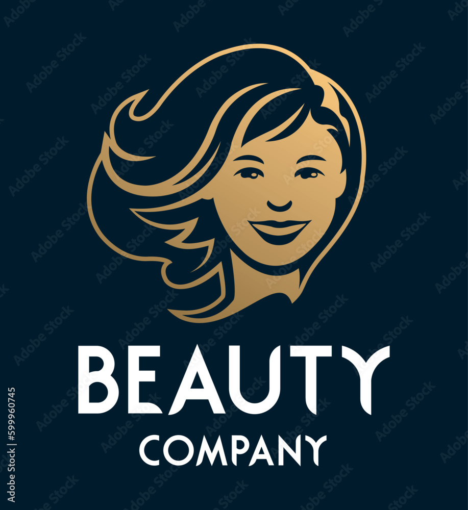 Beautiful girl face with hair front view hairdresser beauty salon or cosmetics brand business logo template vector illustration.