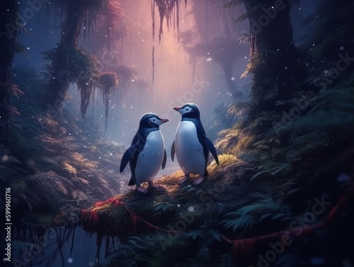 fluffy penguin hiking in the mystical forest. Generative AI