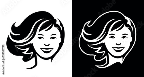 Beautiful woman face front view hairdresser beauty salon or cosmetic brand vector business logo template isolated on white and dark background.