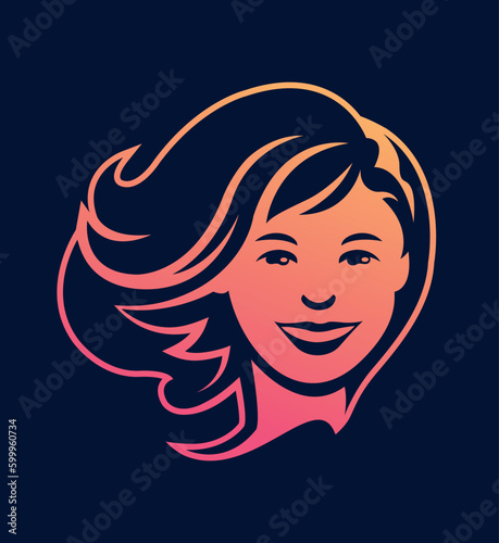 Beautiful woman face business logo template front view for hairdresser beauty salon or cosmetic brand vector illustration isolated on dark background.