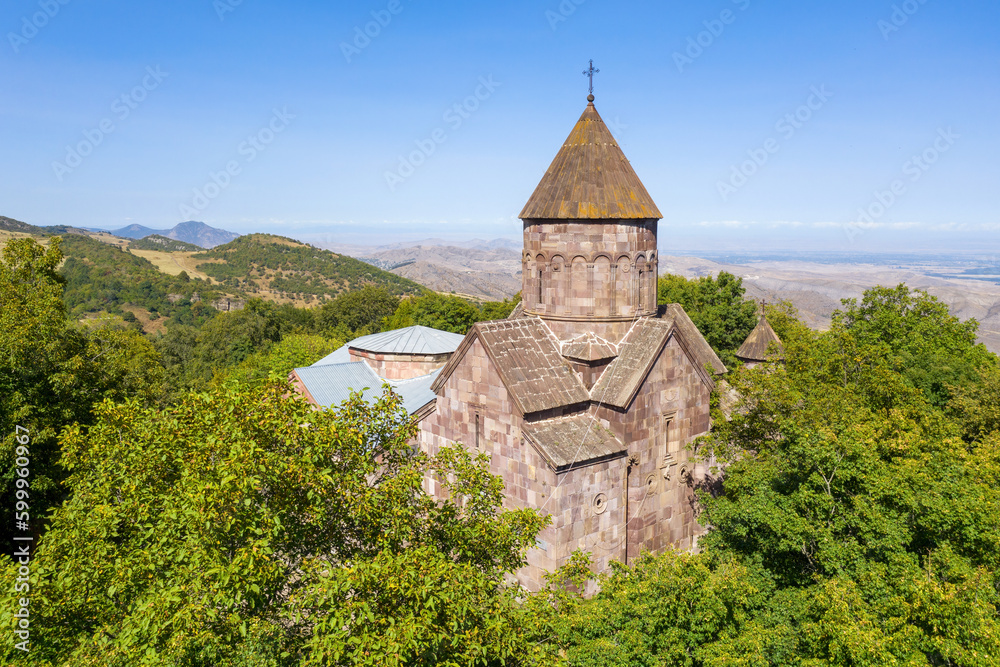 Drone view of Makaravank Monastery on sunny summer day. Tavush Province, Armenia. Drone view of Makaravank Monastery on sunny summer day. Tavush Province, Armenia.