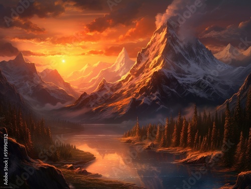 A majestic mountain range at sunrise, with a warm, golden light illuminating the peaks. Generative AI © Suplim