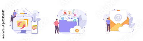 Cloud storage, email in cloud, data sync, data backup, file share between devices. Design concept collection for landing page. Flat vector illustration set with characters for website, print, banner