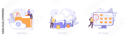 Data backup, electronic document management, cloud file storage, transfer files. Design concept collection for landing page. Flat vector illustration set with characters for website, print, banner