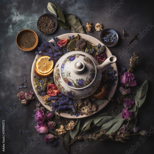 Tea with flowers, herbal tea, tea with herbal, herbals, ceremony, Generative AI 