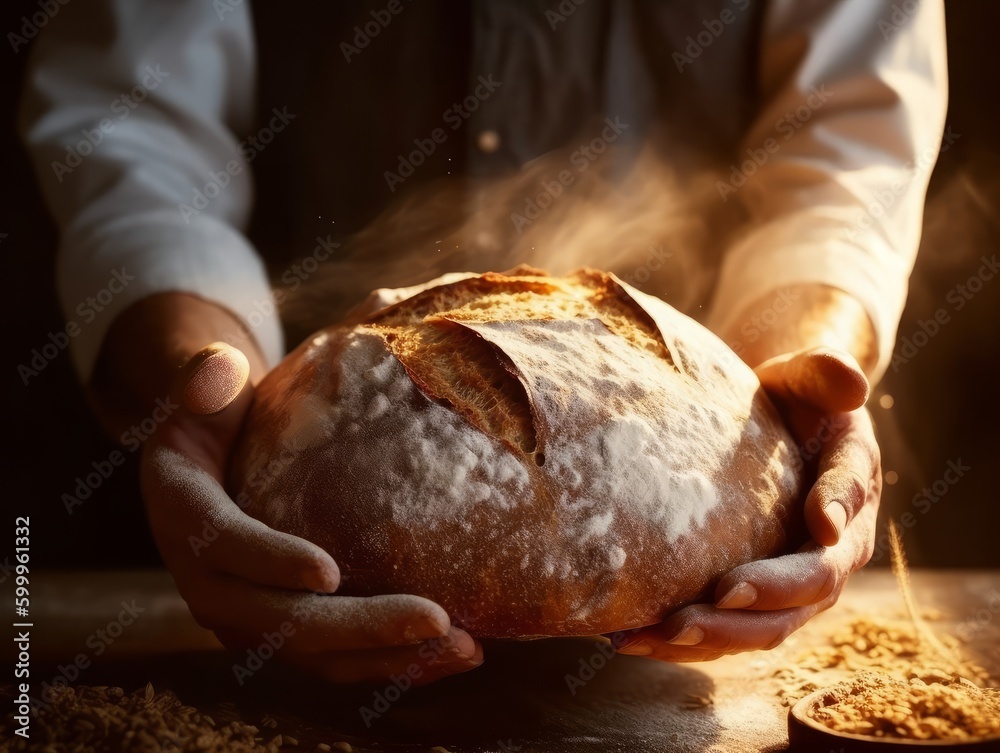 A close-up of a person's hands holding a freshly baked loaf of bread, with steam rising from the crust. Generative AI - obrazy, fototapety, plakaty 