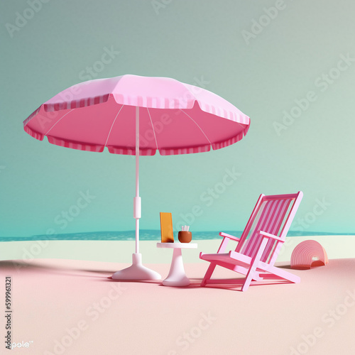 Beach umbrella with chairs, inflatable ring on beach sand. Vacation, Generative AI