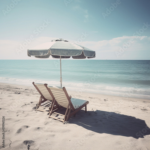 Beach umbrella with chairs, inflatable ring on beach sand. Vacation, Generative AI