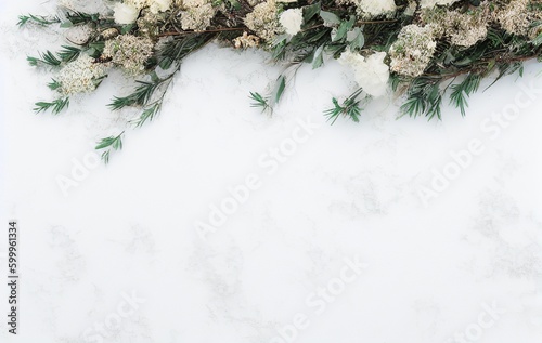 A floor full of snow with a mix of plants and branches on the top