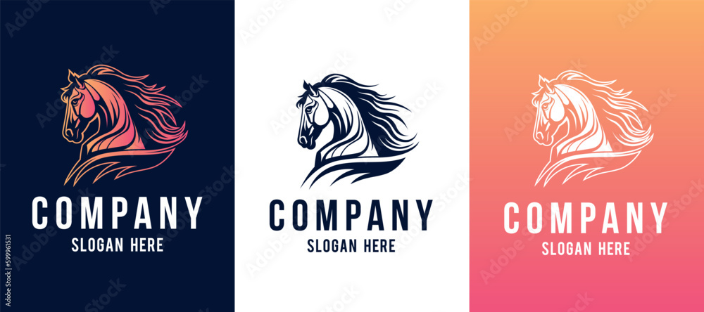 Horse head mascot side view vector art image business company logo template, brand identity logotype on white and dark backgrounds.