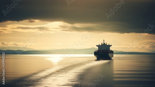 A cargo ship being unloaded with a crane and pulley. AI generated