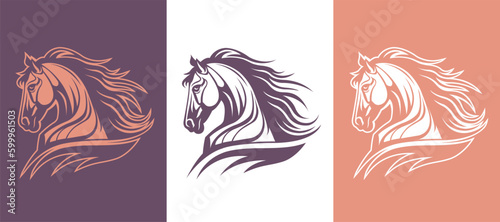 Fototapeta Naklejka Na Ścianę i Meble -  Vector horse head vector line art illustration isolated on dark and white background. Stallion business logo design template.