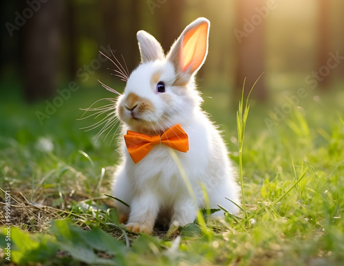 Adorable rabbit with orange color ribbon in forest. AI generated image.