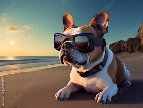 Bull dog with vr glasses relaxing at beach. AI generated image. © ZayNyi